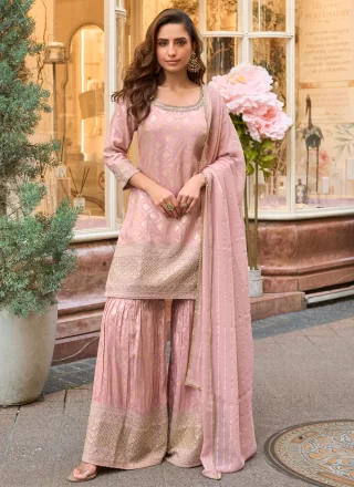 Pink Shimmer Embroidered, Jacquard, Mirror and Zari Work Readymade Salwar Suit for Ceremonial