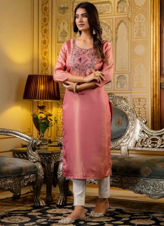 Pink Shimmer Embroidered Work Casual Kurti