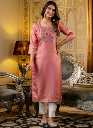 Pink Shimmer Embroidered Work Casual Kurti