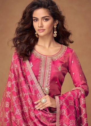 Pink Shimmer Readymade Salwar Suit with Embroidered, Sequins and Zari Work for Ceremonial