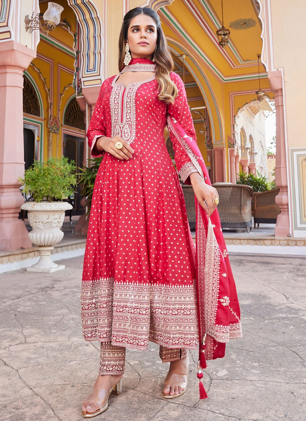 Pink Silk Anarkali Suit with Embroidered and Print Work Pink Silk Anarkali Suit with Embroidered and Print Work