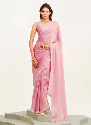 Pink Silk Blend Beads and Stone Work Classic Saree