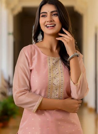 Pink Silk Blend Embroidered and Zari Work Designer Kurti for Casual