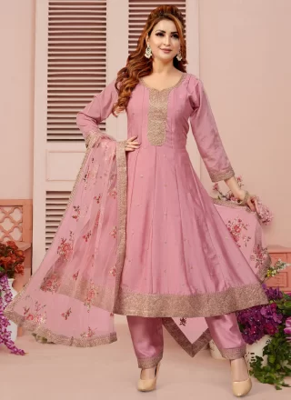 Pink Silk Booti, Embroidered and Zari Work Readymade Salwar Suit for Festival