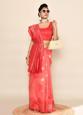 Pink Silk Classic Saree with Patch Border, Plain and Weaving Work