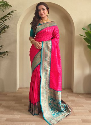 Pink Silk Classic Saree with Weaving Work