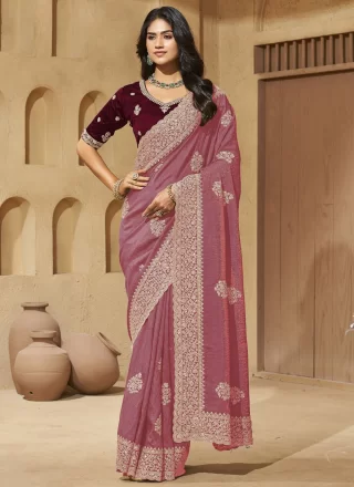 Pink Silk Cord, Diamond, Embroidered and Thread Work Designer Saree