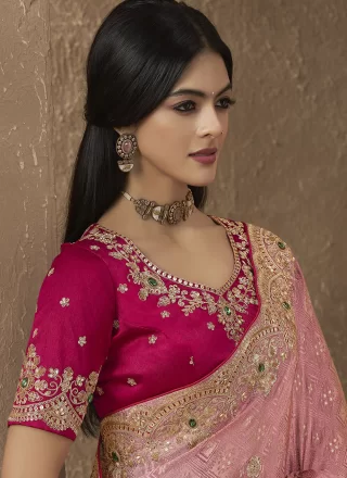 Pink Silk Cord, Embroidered, Sequins and Thread Work Contemporary Sari for Ceremonial