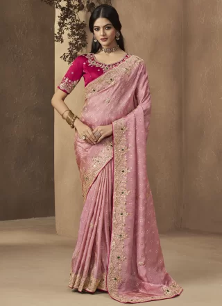 Pink Silk Cord, Embroidered, Sequins and Thread Work Contemporary Sari for Ceremonial