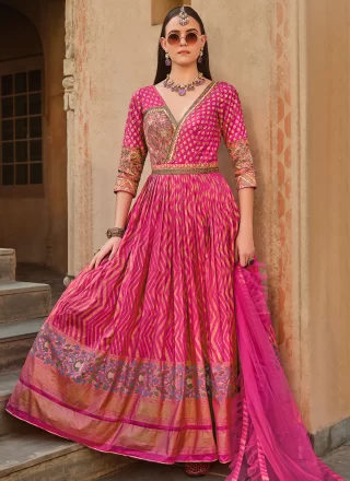 Pink Silk  Designer Gown with Foil Print Work