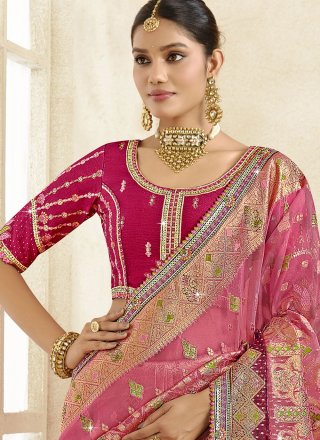 Pink Silk Designer Sari with Cut, Jacquard, Lace, Stone, Weaving and Zari Work