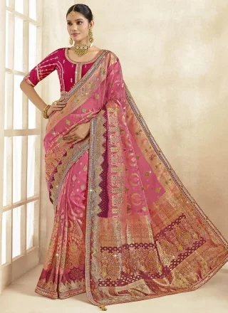 Pink Silk Designer Sari with Cut, Jacquard, Lace, Stone, Weaving and Zari Work