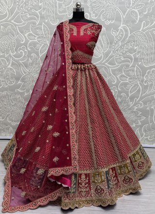 Pink Silk Diamond, Dori, Embroidered, Multi, Patch Border, Sequins, Thread, Zari and Zircon Work A - Line Lehenga Choli for Bridal