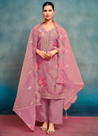 Pink Silk Digital Print, Embroidered, Mirror and Moti Work Trendy Suit