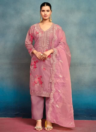 Pink Silk Digital Print, Embroidered, Mirror and Moti Work Trendy Suit
