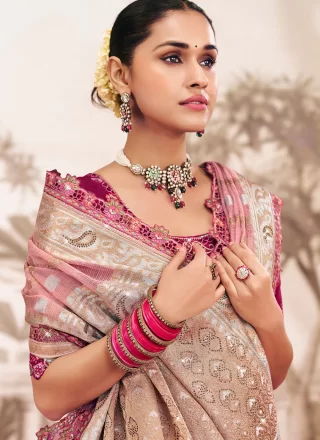 Pink Silk Embroidered and Lace Work Designer Saree