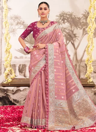 Pink Silk Embroidered and Lace Work Designer Saree