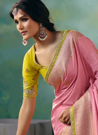 Pink Silk Embroidered and Weaving Work Traditional Saree