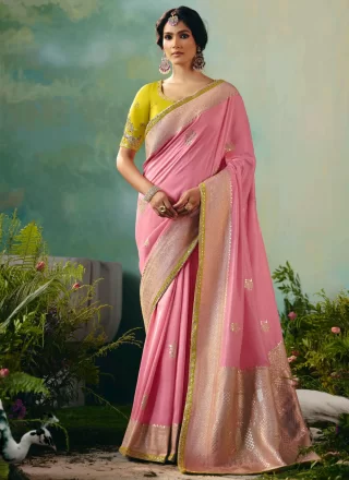 Pink Silk Embroidered and Weaving Work Traditional Saree
