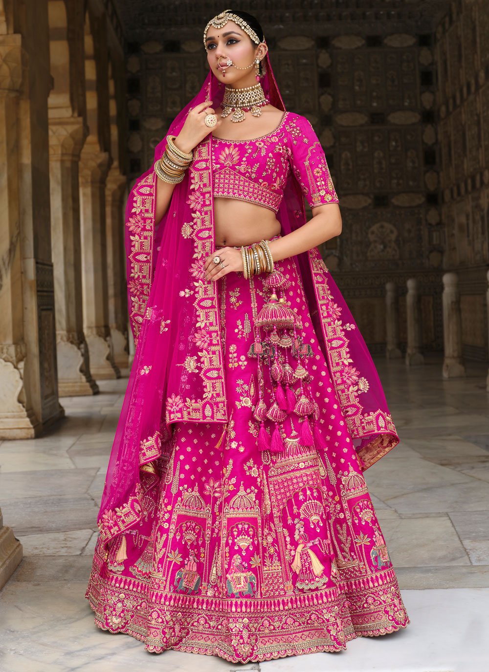 Shop Online Pink Silk Embroidered, Khatli, Resham and Zari Work