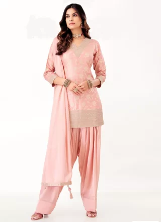 Pink Silk Embroidered, Woven and Zari Work Salwar Suit
