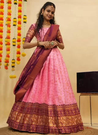 Pink Silk Fancy, Print and Weaving Work Lehenga Choli