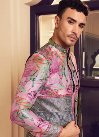 Pink Silk Foil Print and Hand Work Sherwani Mens Wear for Ceremonial