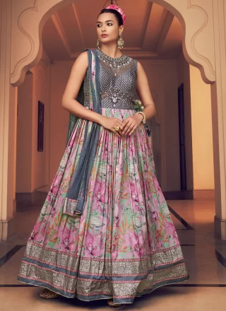 Pink Silk Gown with Fancy, Jacquard and Print Work