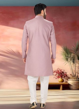 Pink Silk Indo Western with Plain and Woven Work for Men