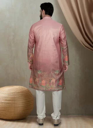 Pink Silk Kurta Pyjama with Print Work