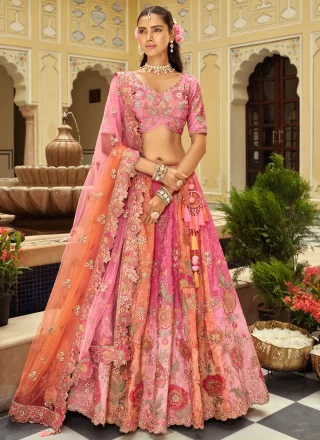 Pink Silk Lehenga Choli with Embroidered, Sequins and Zari Work for Engagement
