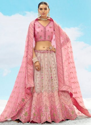 Pink Silk Lehenga Choli with Embroidered, Sequins, Stone, Thread and Zari Work