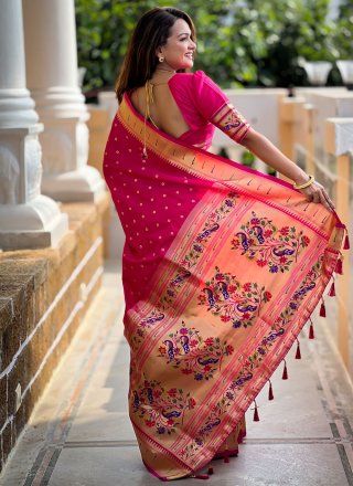 Pink Silk Meenakari, Weaving and Zari Work Trendy Saree for Ceremonial Pink Silk Meenakari, Weaving and Zari Work Trendy Saree for Ceremonial