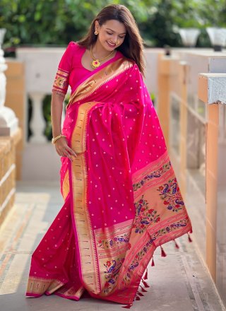 Pink Silk Meenakari, Weaving and Zari Work Trendy Saree for Ceremonial Pink Silk Meenakari, Weaving and Zari Work Trendy Saree for Ceremonial