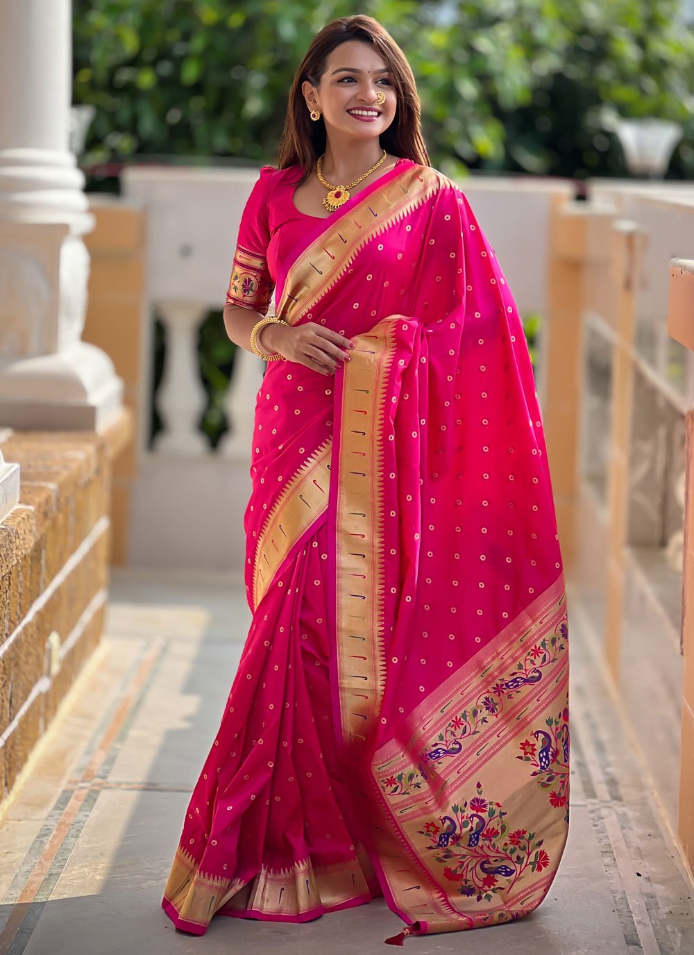 Pink Silk Meenakari, Weaving and Zari Work Trendy Saree for Ceremonial Pink Silk Meenakari, Weaving and Zari Work Trendy Saree for Ceremonial