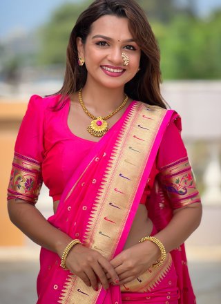 Pink Silk Meenakari, Weaving and Zari Work Trendy Saree for Ceremonial Pink Silk Meenakari, Weaving and Zari Work Trendy Saree for Ceremonial