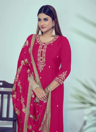 Pink Silk Palazzo Salwar Suit with Cord, Embroidered, Mirror and Woven Work for Ceremonial