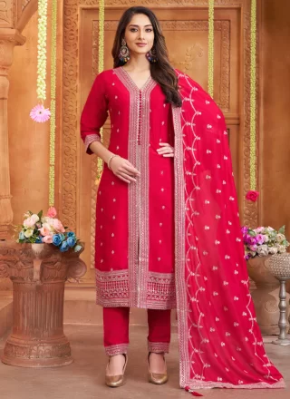 Pink Silk Pant Style Suit with Embroidered Work for Ceremonial