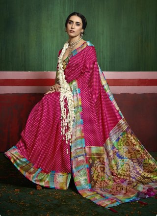 Pink Silk Print Work Trendy Saree for Ceremonial