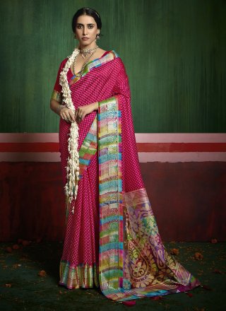 Pink Silk Print Work Trendy Saree for Ceremonial