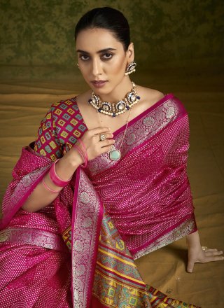 Pink Silk Print Work Trendy Saree