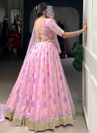 Pink Silk Readymade Lehenga Choli with Floral Patch and Lace Work for Women