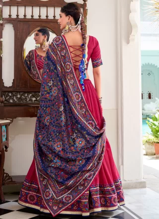 Pink Silk Readymade Lehenga Choli with Gamthi, Lace and Print Work