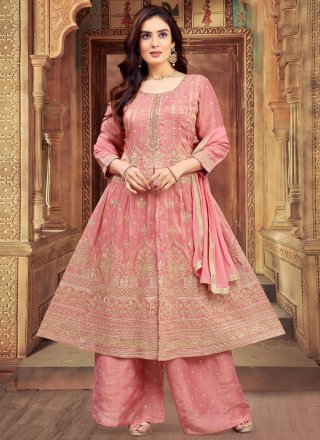 Pink Silk Readymade Salwar Suit with Embroidered and Zari Work for Engagement