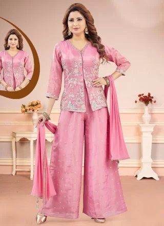 Pink Silk Readymade Salwar Suit with Embroidered, Sequins and Zari Work for Women