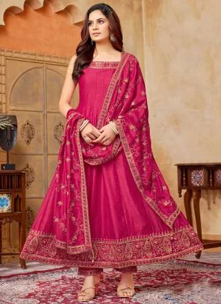 Pink Silk Readymade Salwar Suit with Embroidered Work
