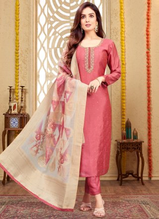 Pink Silk Salwar Suit with Embroidered and Zari Work for Festival