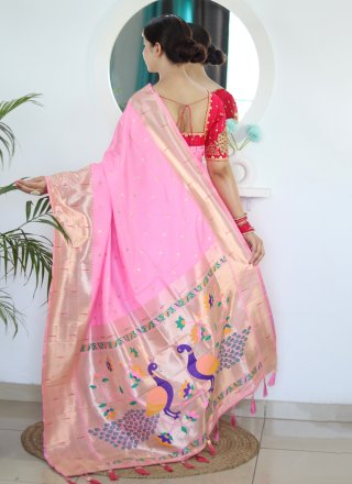 Pink Silk Trendy Saree with Embroidered and Jacquard Work for Women