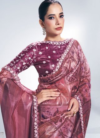 Pink Silk Trendy Saree with Patch Border, Print, Sequins and Thread Work