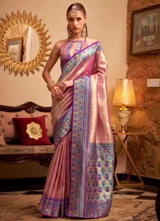 Pink Silk Weaving and Zari Work Designer Sari for Ceremonial